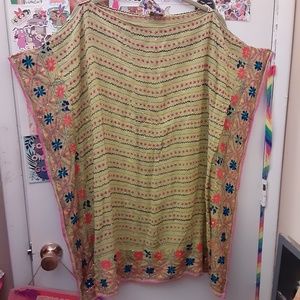 April Madden L/XL Kimono Beaded Embroidered Floral Colorful Green Pink Coverup